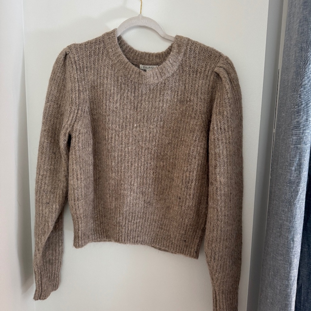 Z Supply Tan Ribbed Knit Sweater with Puff Sleeve Detail